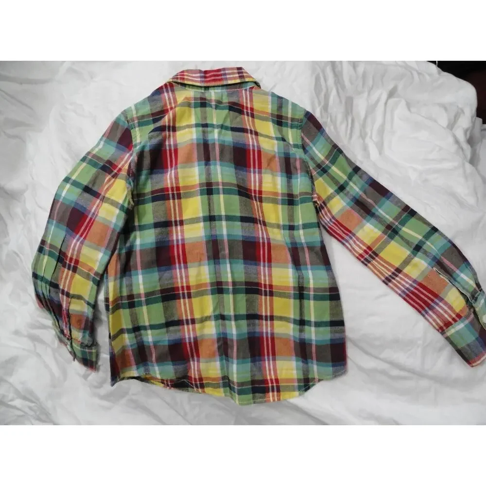 Ralph Lauren Button Up Long Sleeve Shirt Girls Size 5 Yellow Blue Plaid Ruffles